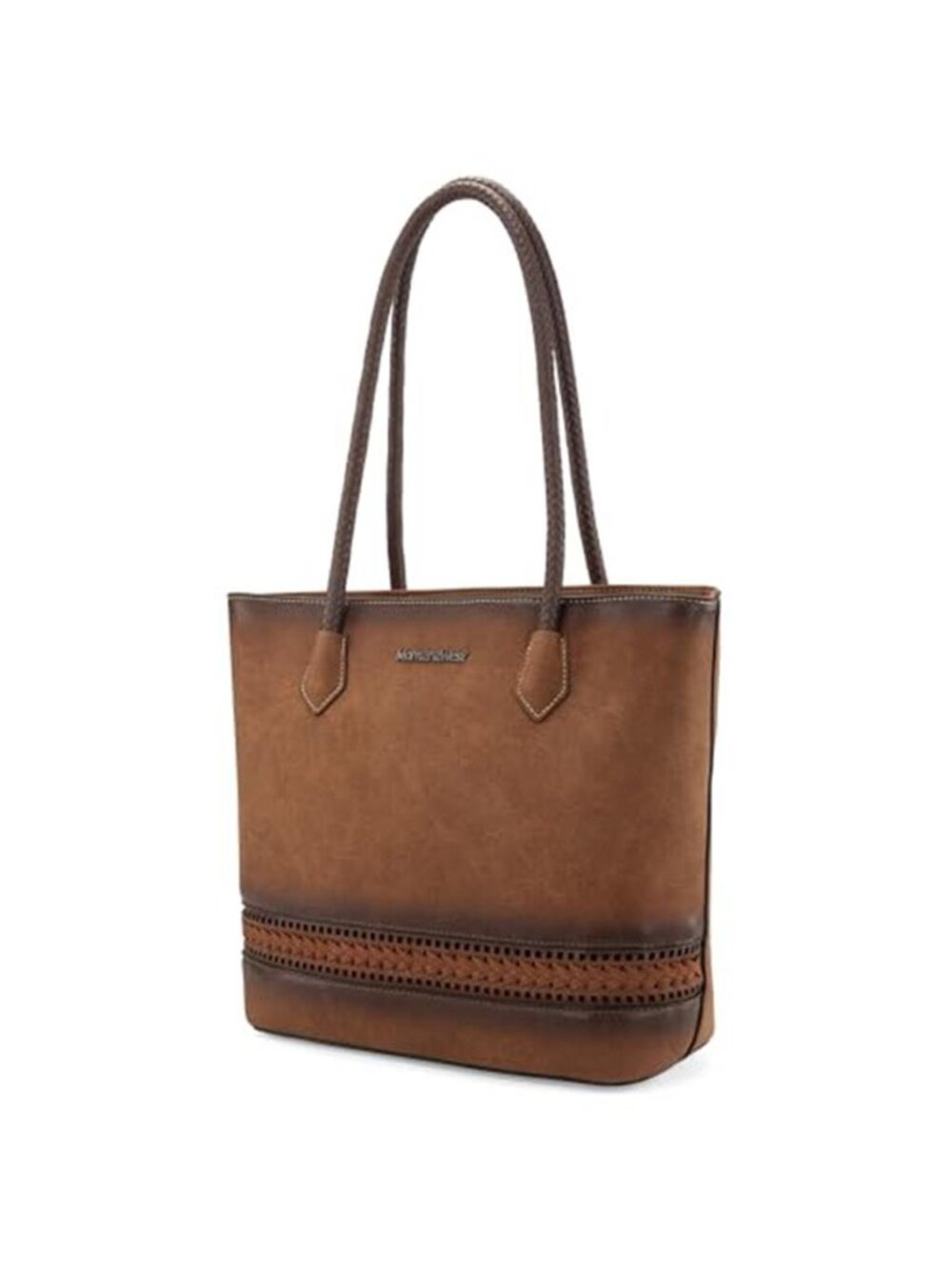 Woven Faux Leather Tote Bag Women Distressed Brown Back Zipper Shoulder Purse